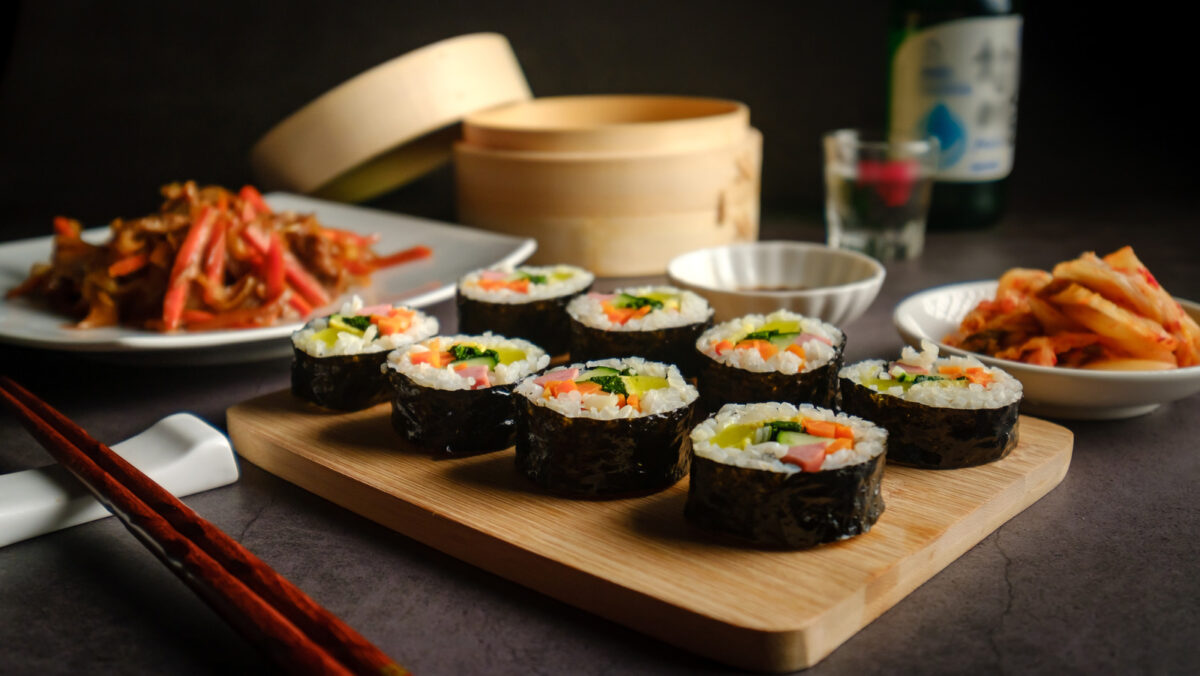 Korean food meal mandu dumplings Jeyuk Bokkeum pork Gimbap professional food photography